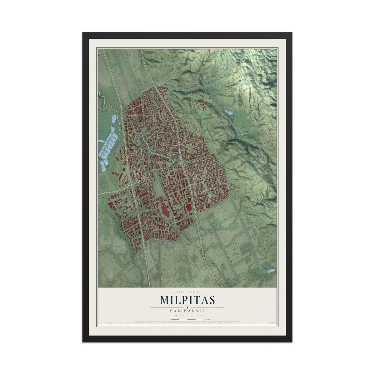 Map of Milpitas, California, 12 x 18 inch print in a black wood frame