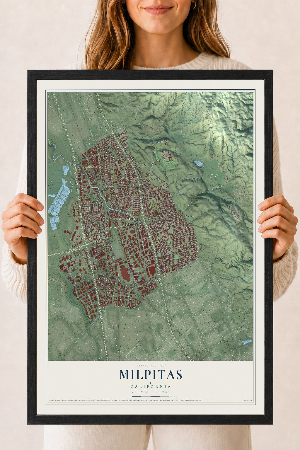 Map of Milpitas, California, 18 x 24 inch print in a black wood frame