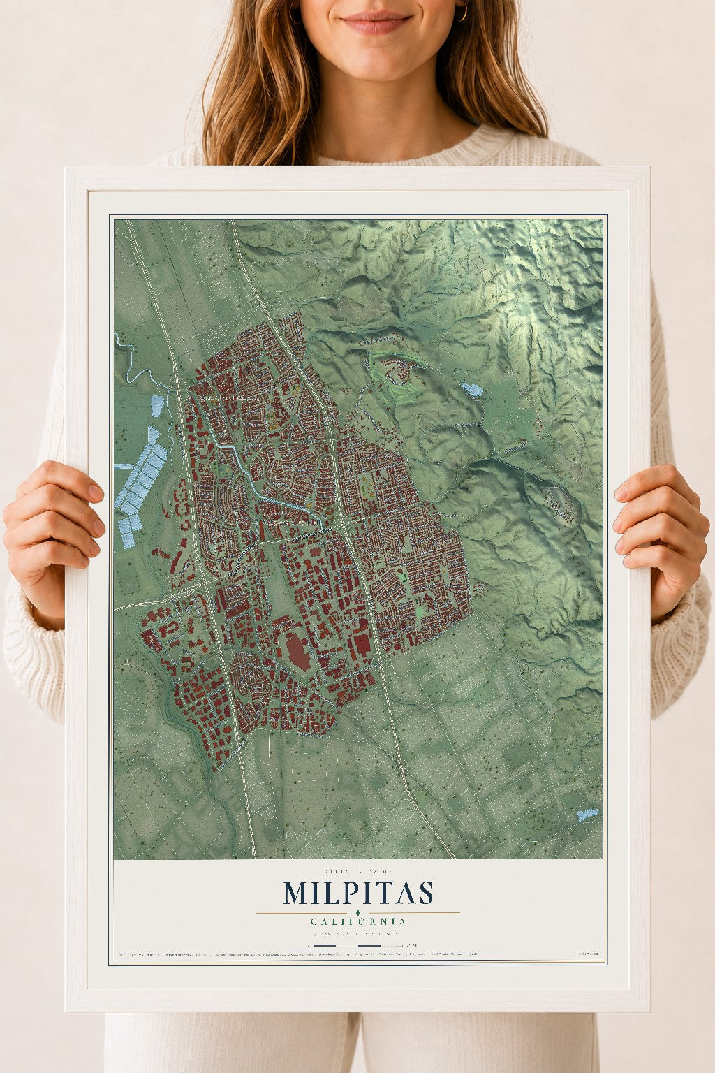 Map of Milpitas, California, 18 x 24 inch print in a white wood frame