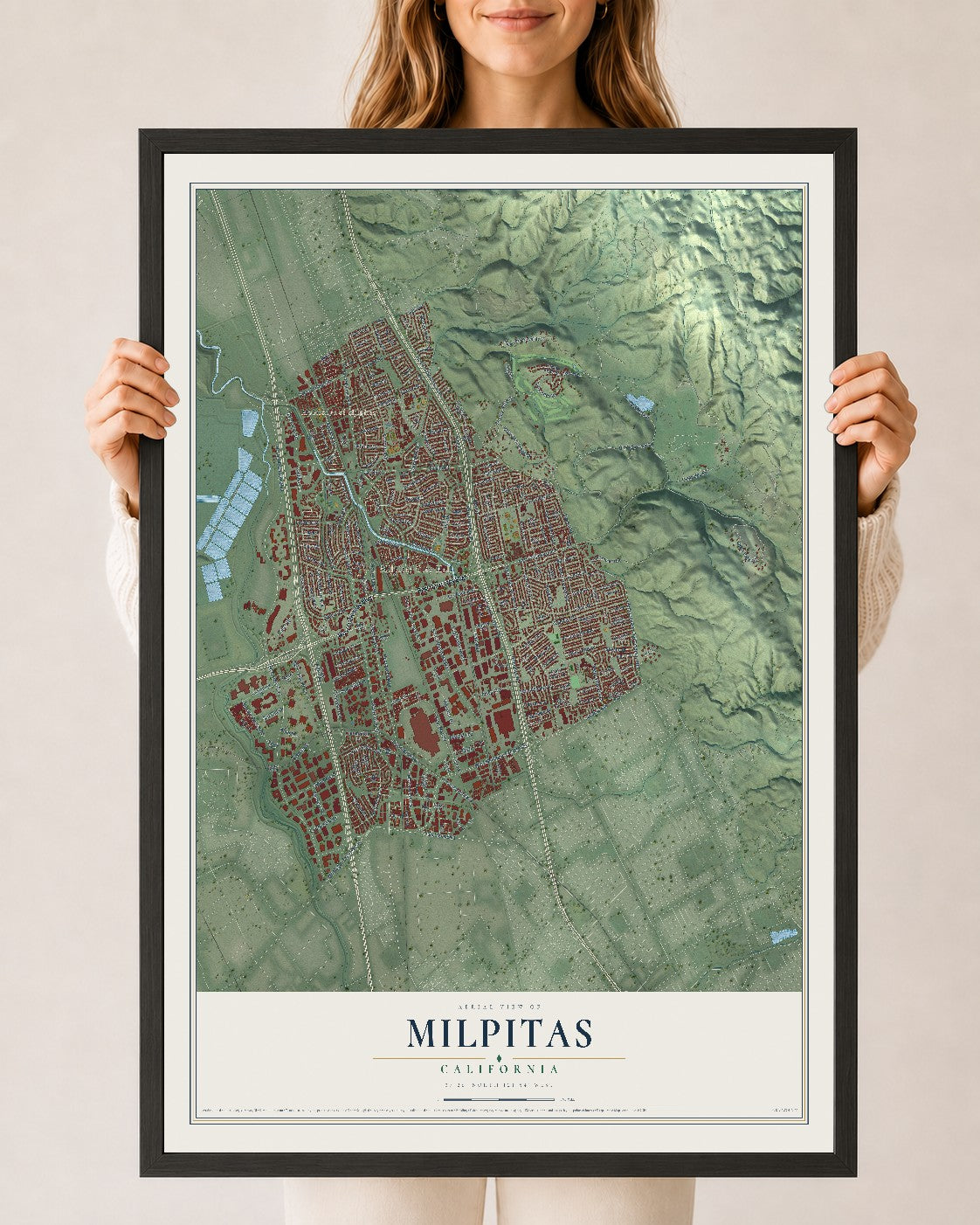 Map of Milpitas, California, 24 x 36 inch print in a black wood frame