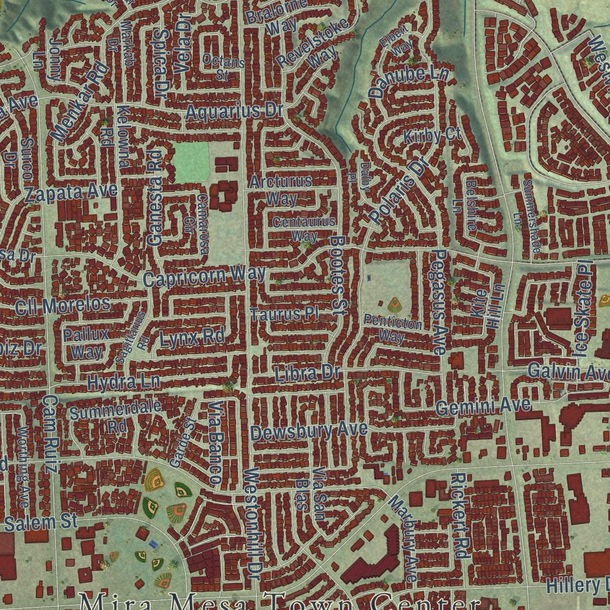 Close-up of the map of Mira Mesa, California print showing street and building detail