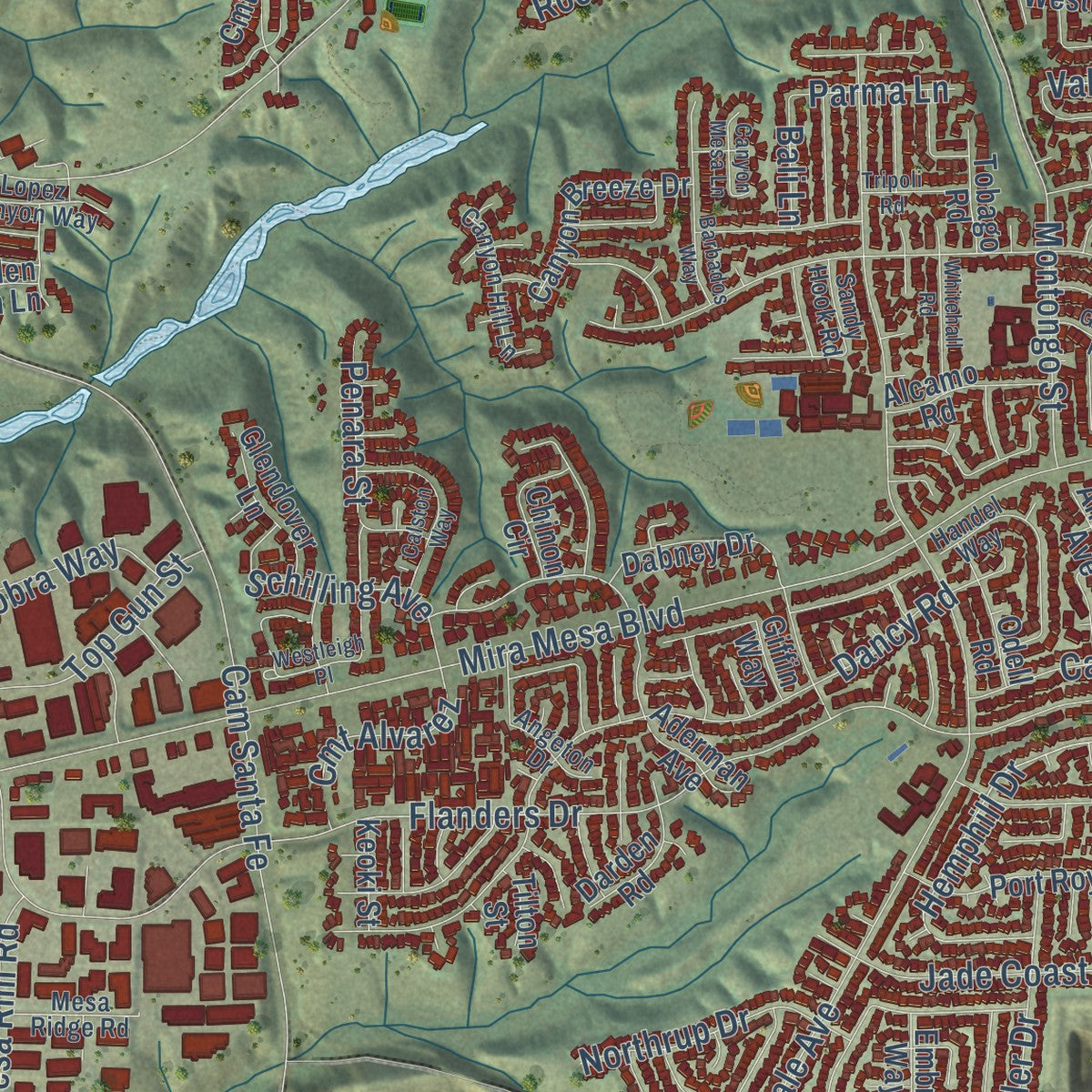 Second close-up of the map of Mira Mesa, California print showing more streets and buildings