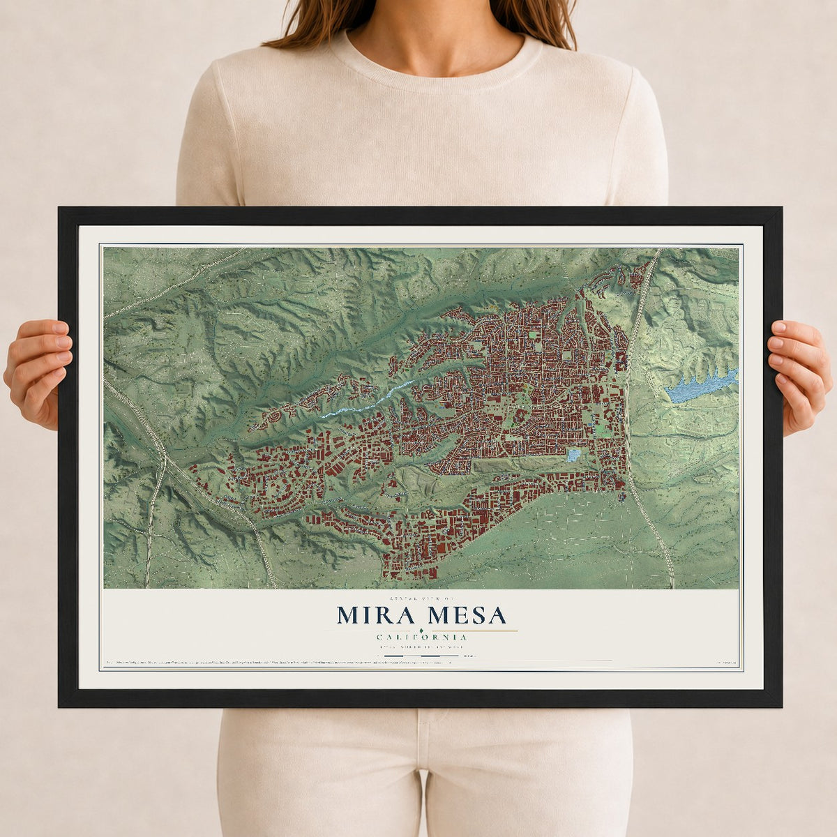 Map of Mira Mesa, California, 12 x 18 inch print in a black wood frame