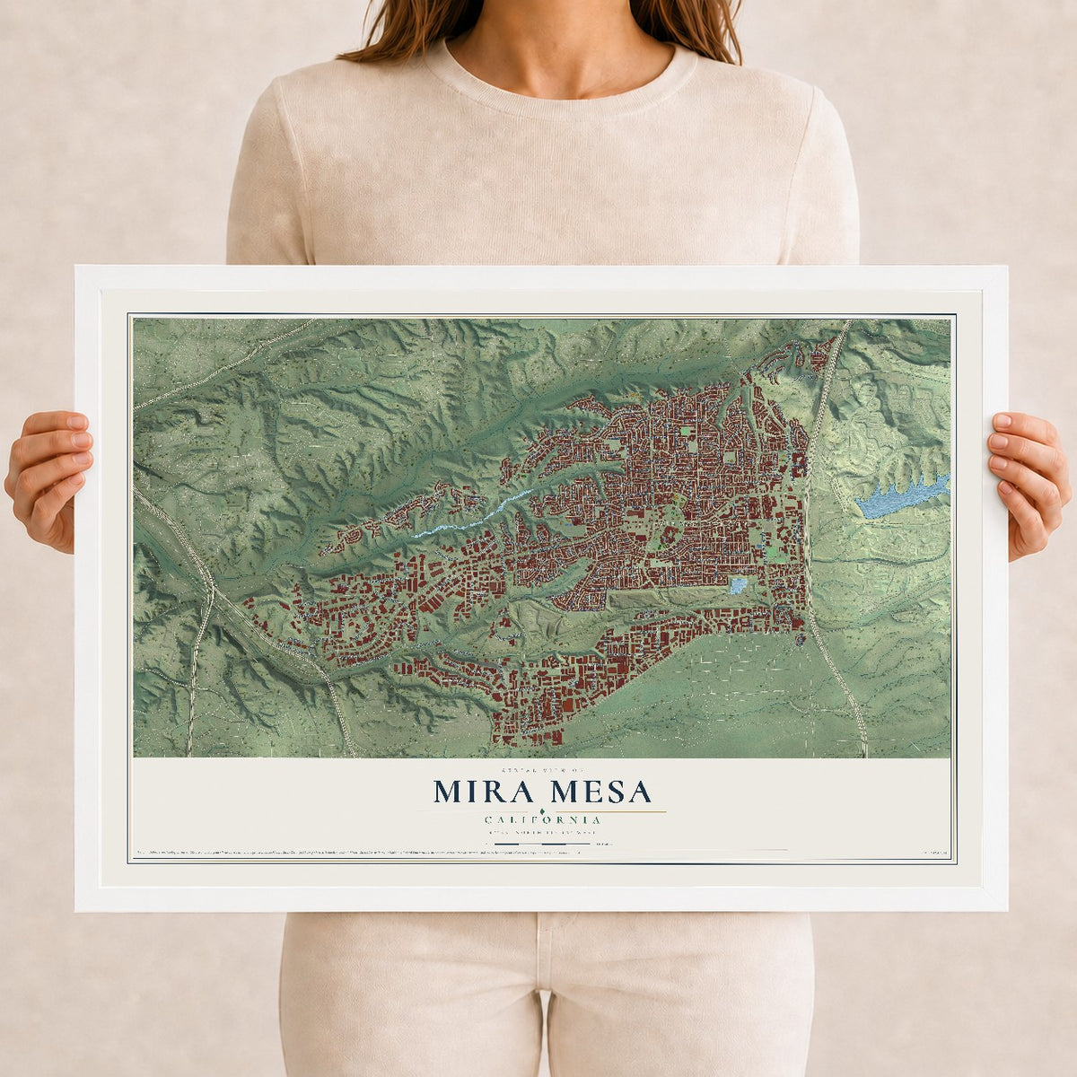 Map of Mira Mesa, California, 12 x 18 inch print in a white wood frame
