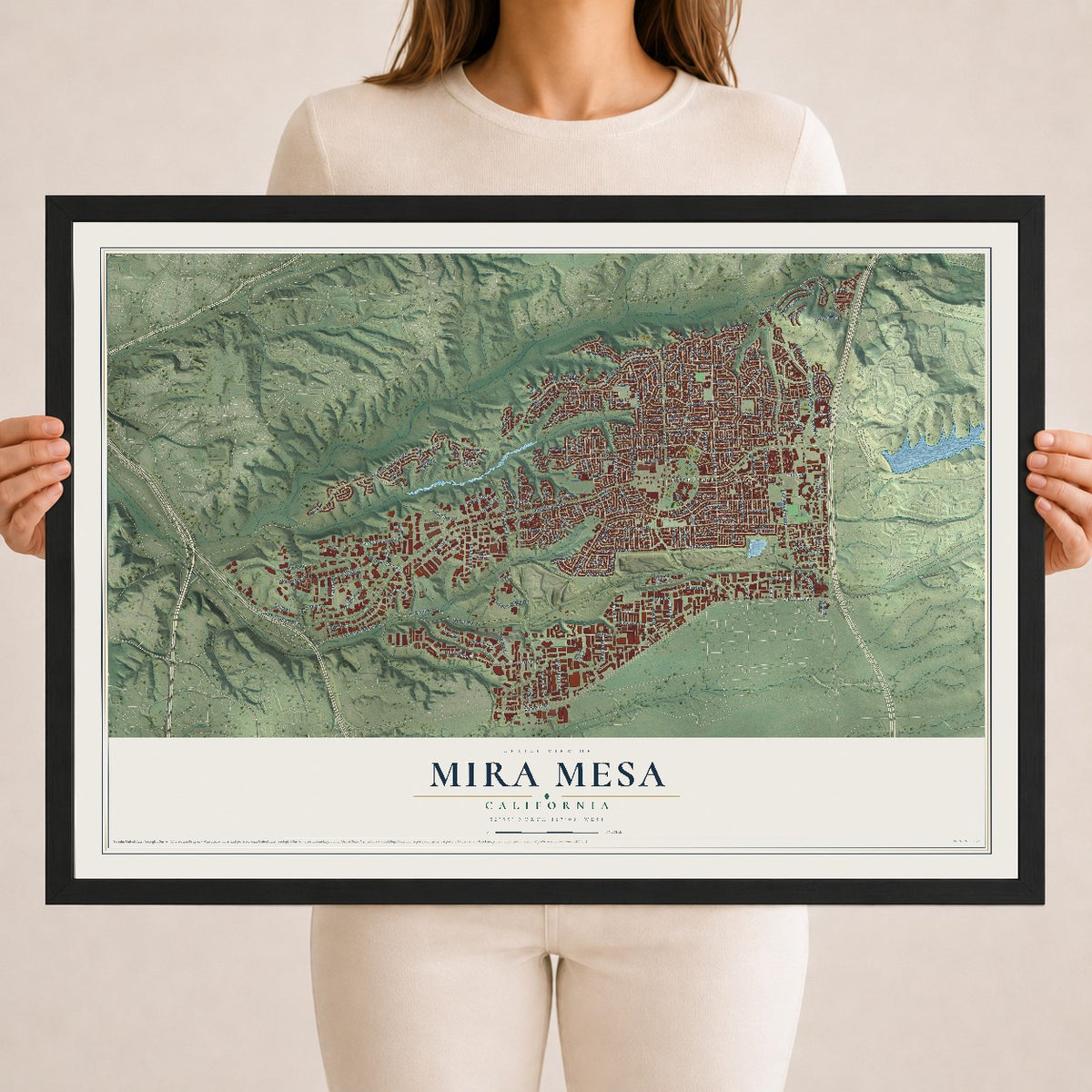 Map of Mira Mesa, California, 18 x 24 inch print in a black wood frame