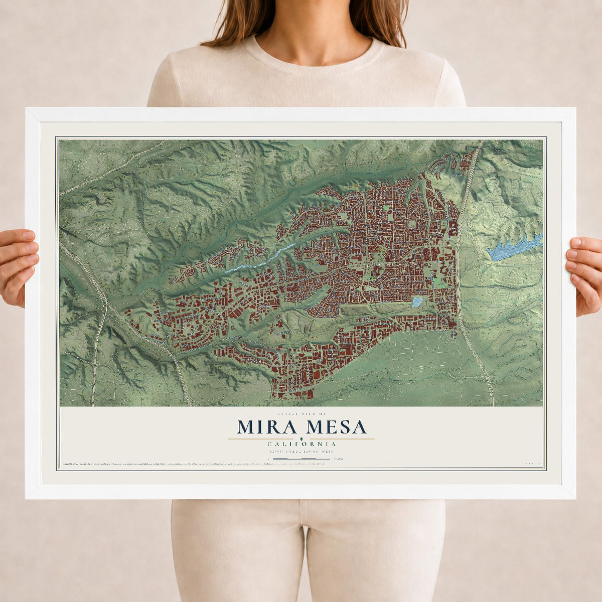 Map of Mira Mesa, California, 18 x 24 inch print in a white wood frame