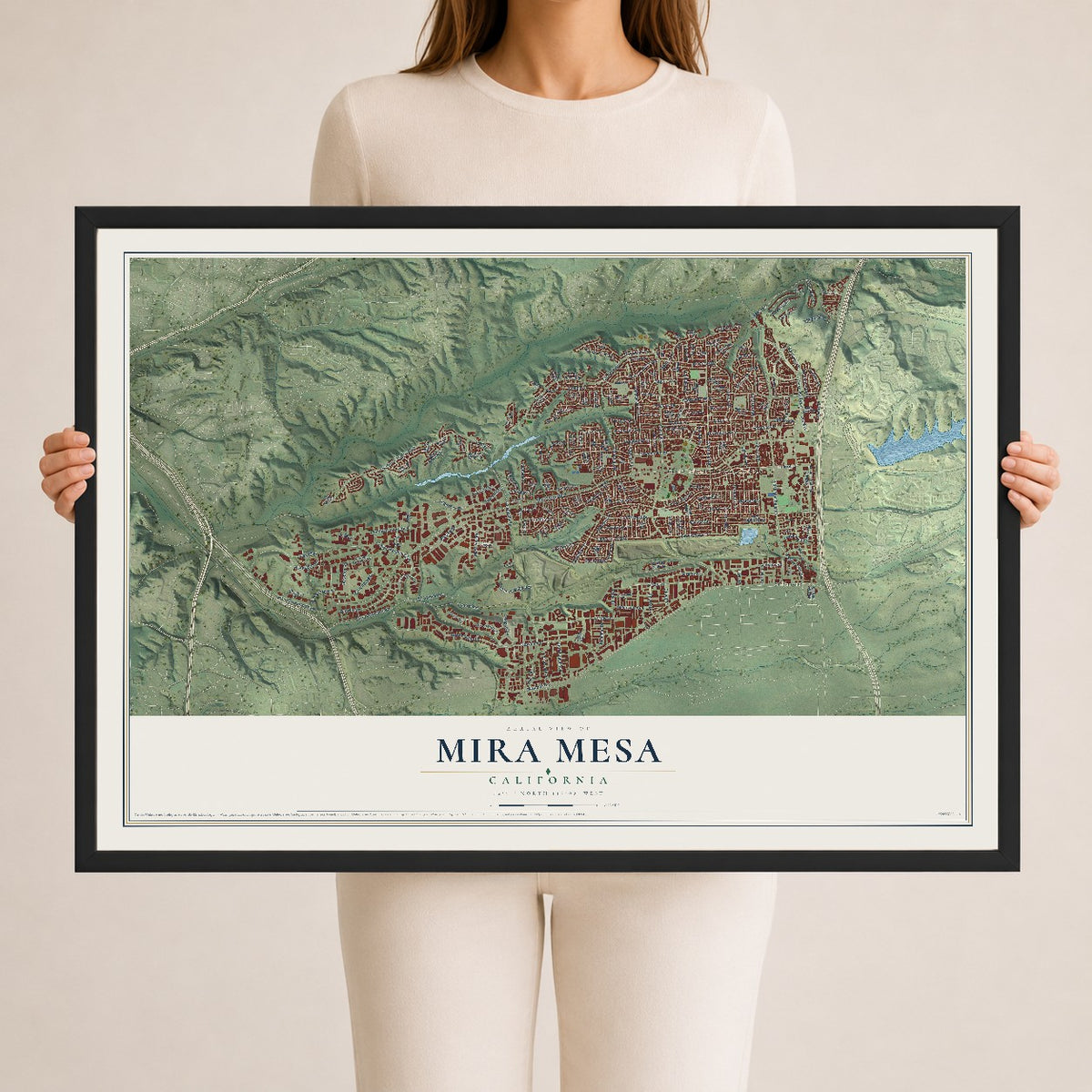 Map of Mira Mesa, California, 24 x 36 inch print in a black wood frame