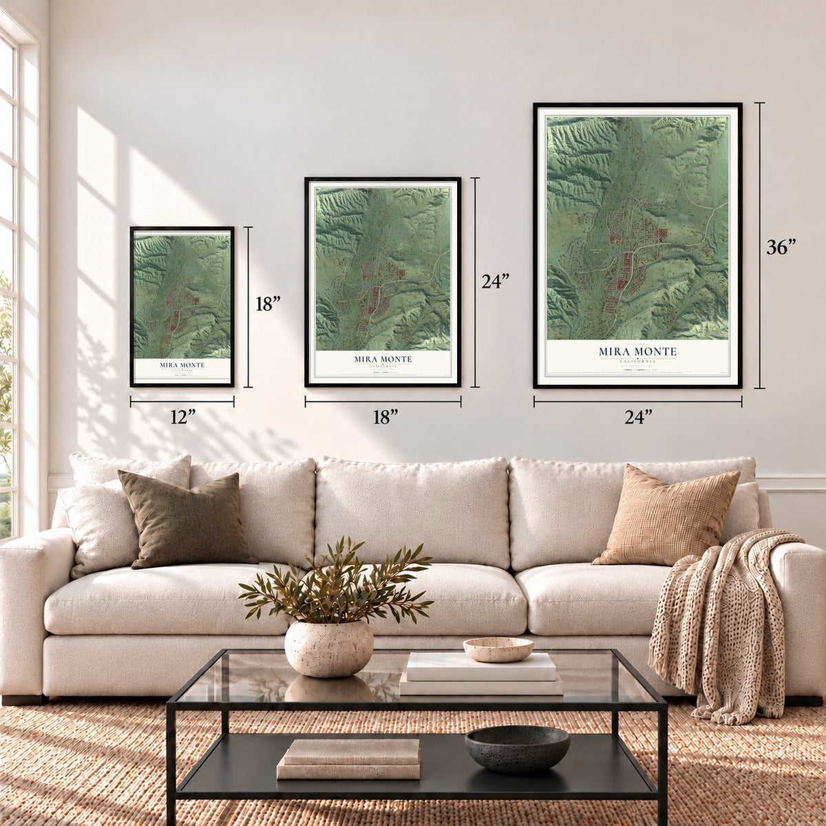 Mira Monte, California map in 12 x 18, 18 x 24 and 24 x 36 inch sizes above a sofa