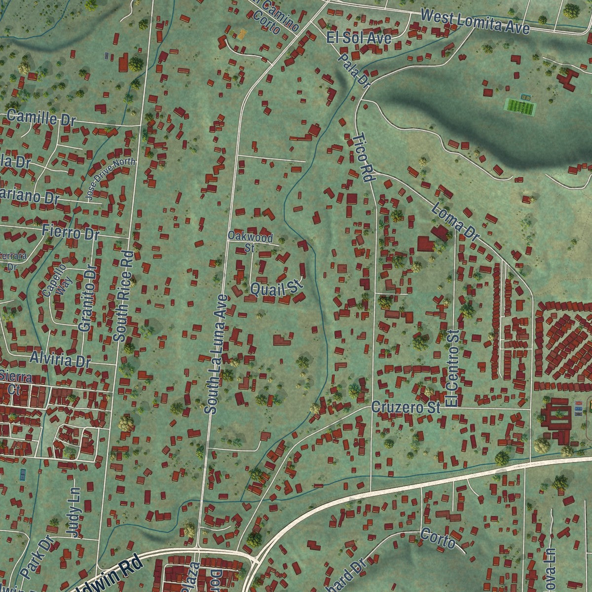 Close-up of the map of Mira Monte, California print showing street and building detail