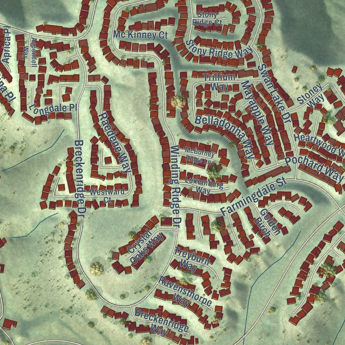 Close-up of the map of Miramar Ranch North, California print showing street and building detail