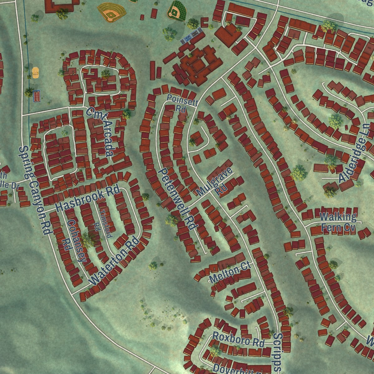 Second close-up of the map of Miramar Ranch North, California print showing more streets and buildings