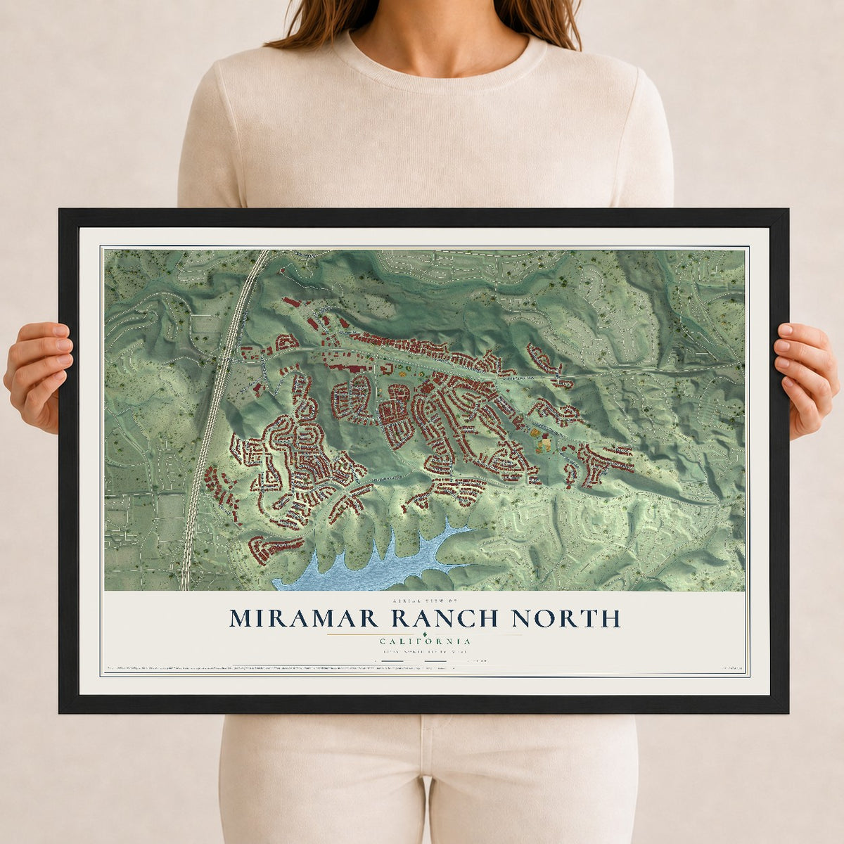 Map of Miramar Ranch North, California, 12 x 18 inch print in a black wood frame