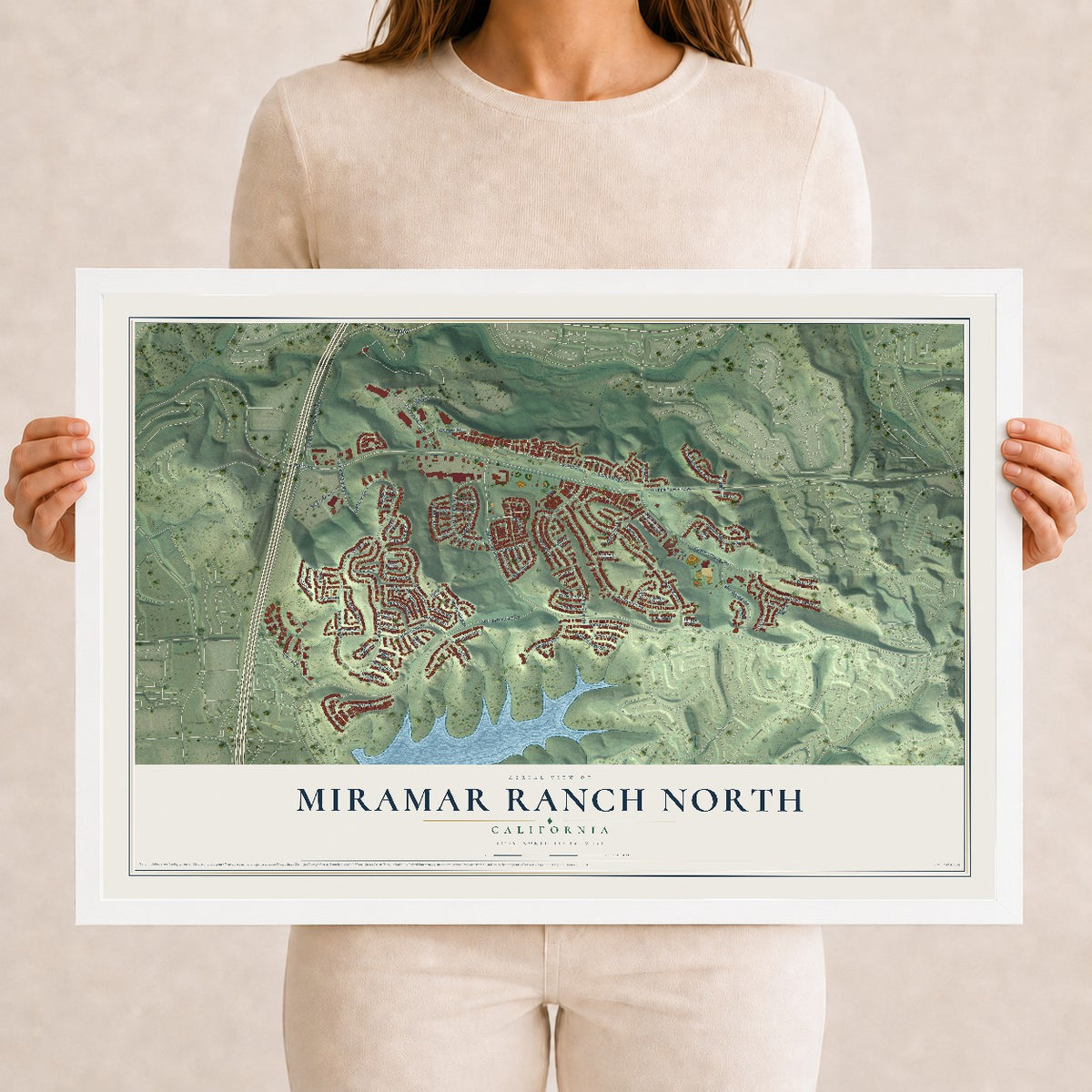 Map of Miramar Ranch North, California, 12 x 18 inch print in a white wood frame