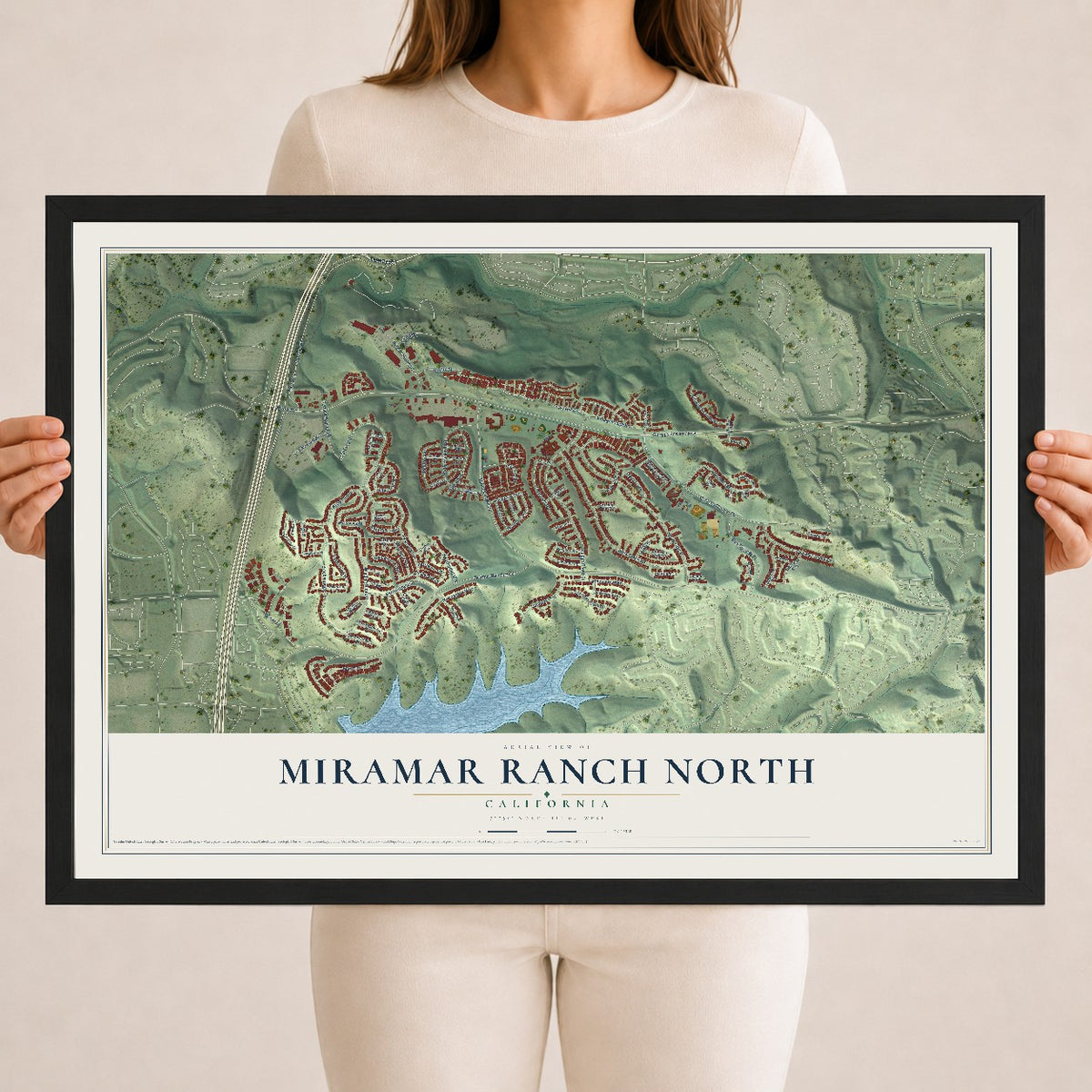 Map of Miramar Ranch North, California, 18 x 24 inch print in a black wood frame