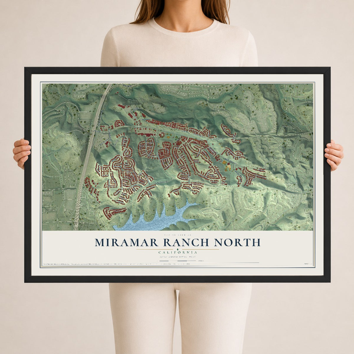 Map of Miramar Ranch North, California, 24 x 36 inch print in a black wood frame