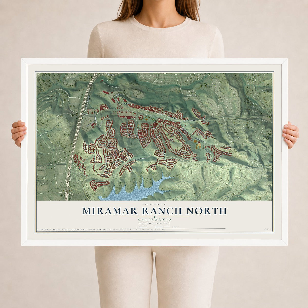 Map of Miramar Ranch North, California, 24 x 36 inch print in a white wood frame
