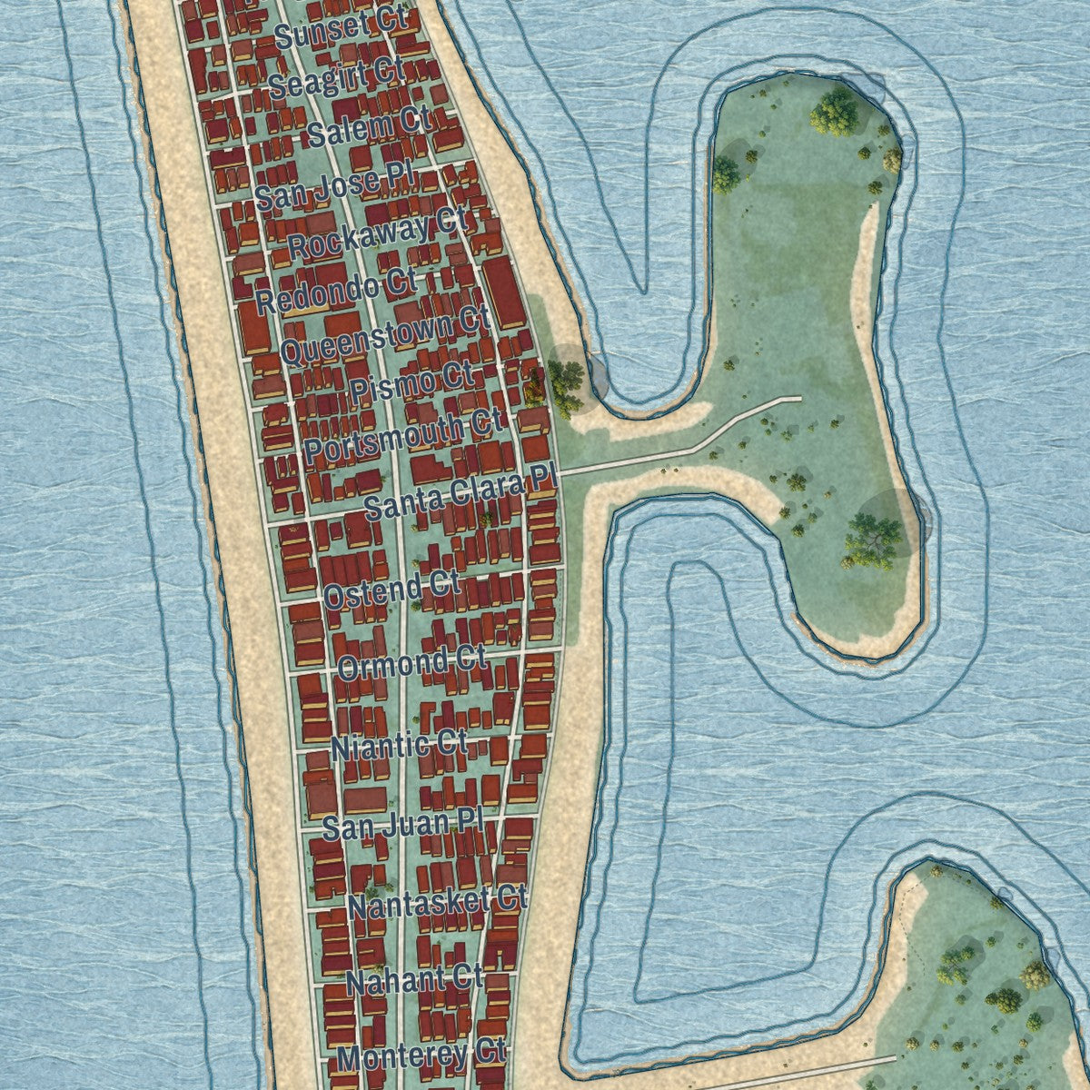 Close-up of the map of Mission Beach, California print showing street and building detail