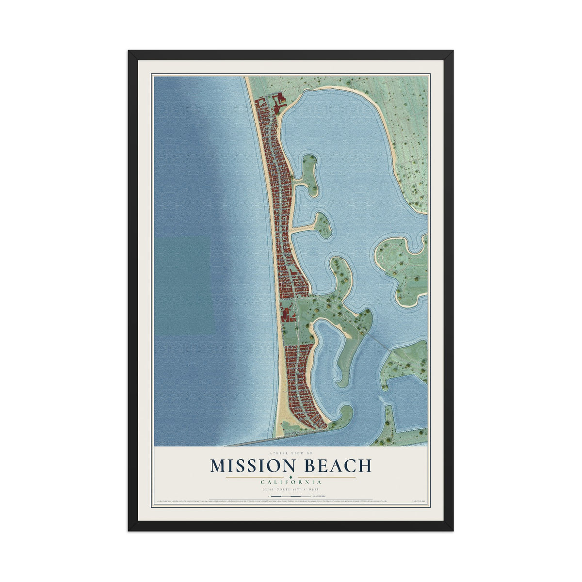 Map of Mission Beach, California, 12 x 18 inch print in a black wood frame