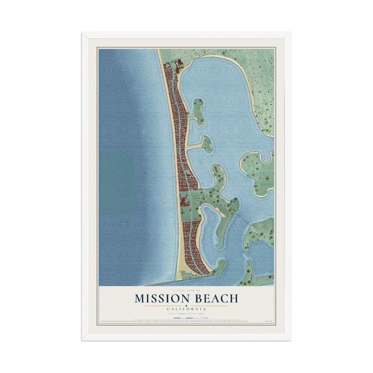 Map of Mission Beach, California, 12 x 18 inch print in a white wood frame