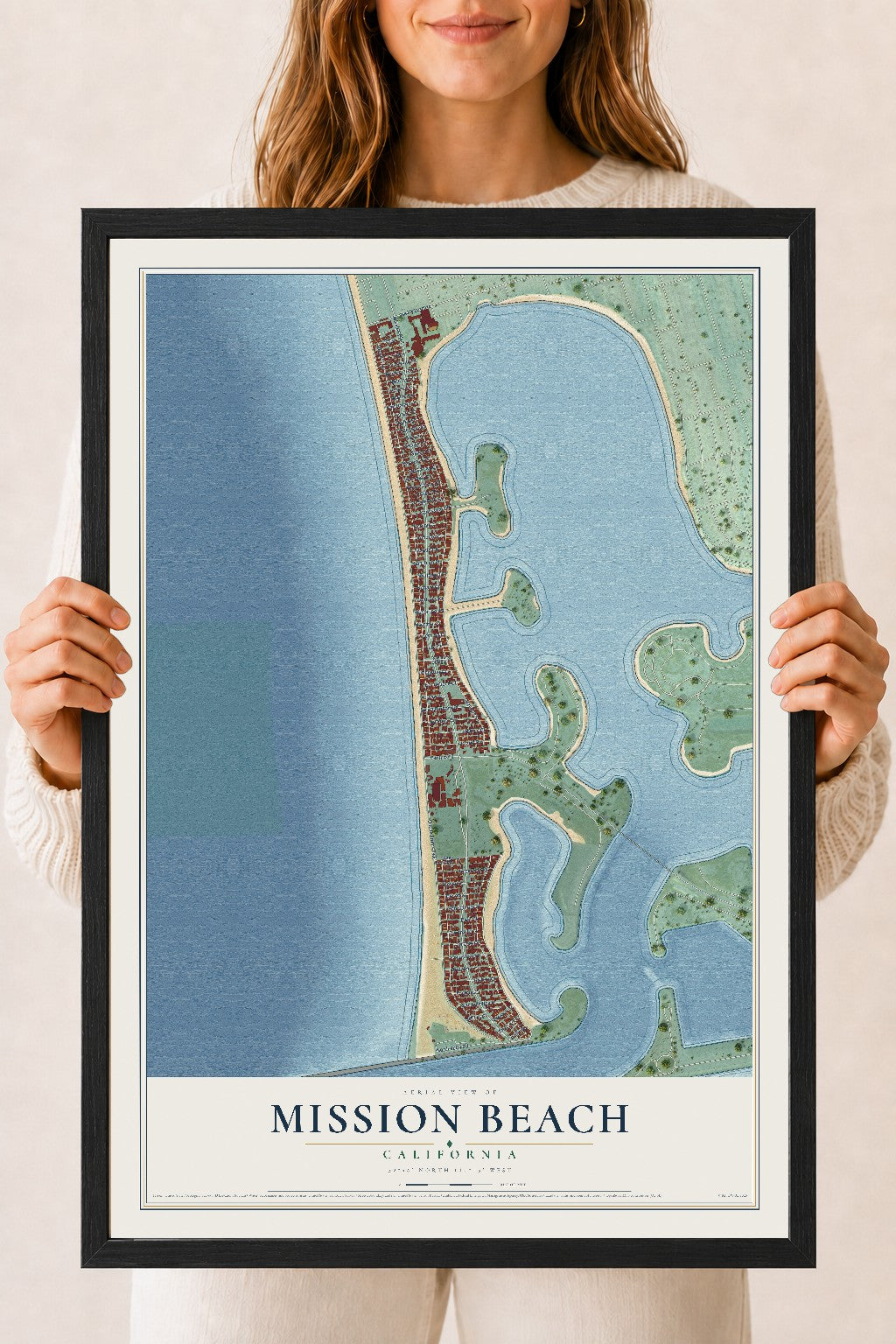 Map of Mission Beach, California, 18 x 24 inch print in a black wood frame