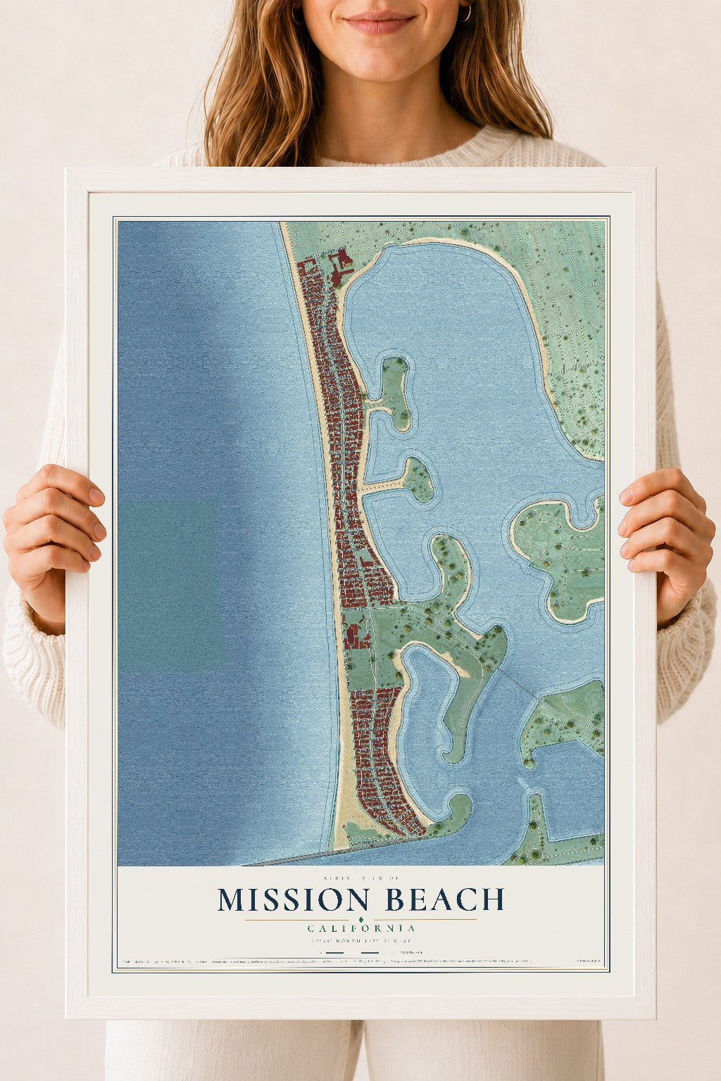 Map of Mission Beach, California, 18 x 24 inch print in a white wood frame