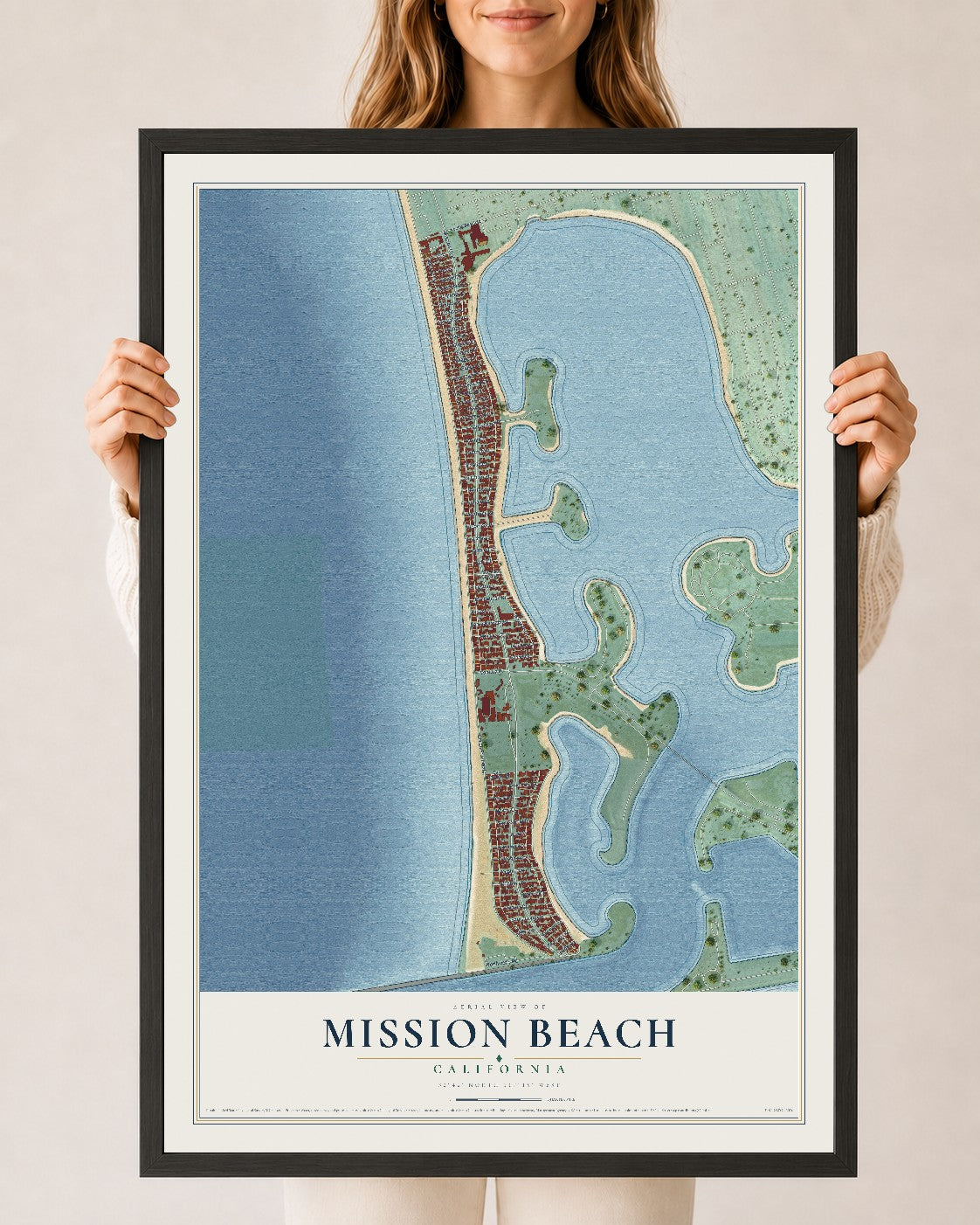 Map of Mission Beach, California, 24 x 36 inch print in a black wood frame