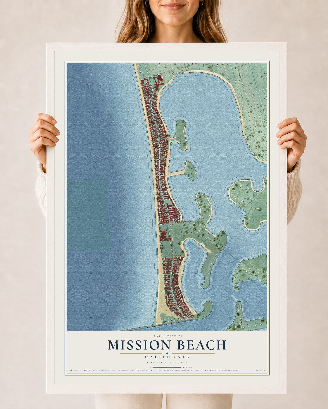 Map of Mission Beach, California, 24 x 36 inch print in a white wood frame