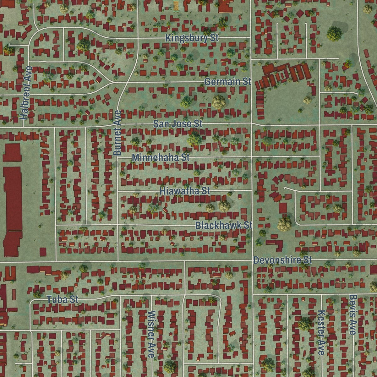Close-up of the map of Mission Hills, California print showing street and building detail