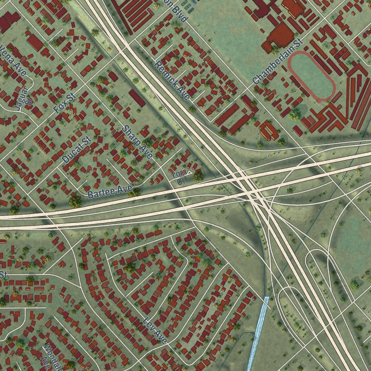 Second close-up of the map of Mission Hills, California print showing more streets and buildings