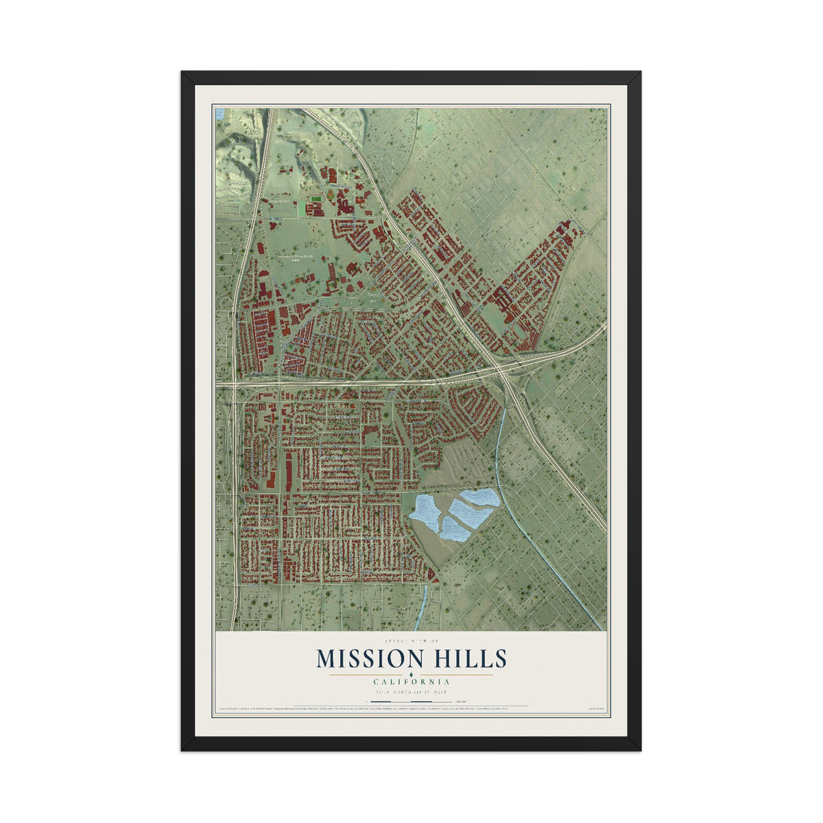 Map of Mission Hills, California, 12 x 18 inch print in a black wood frame