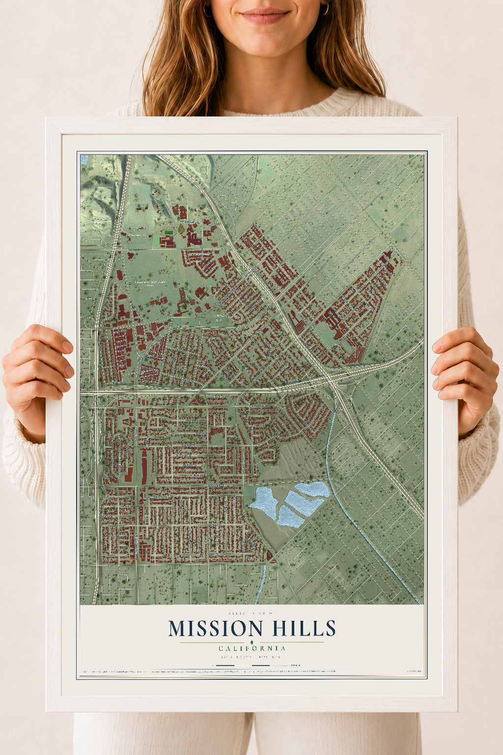 Map of Mission Hills, California, 18 x 24 inch print in a white wood frame