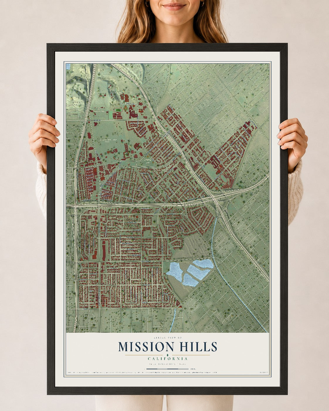 Map of Mission Hills, California, 24 x 36 inch print in a black wood frame