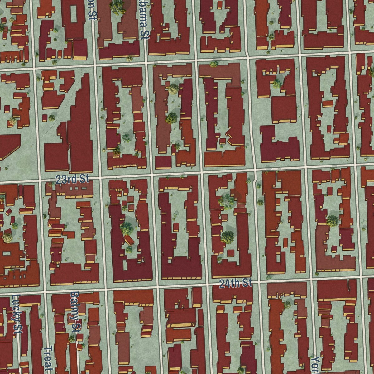 Close-up of the map of Mission, California print showing street and building detail