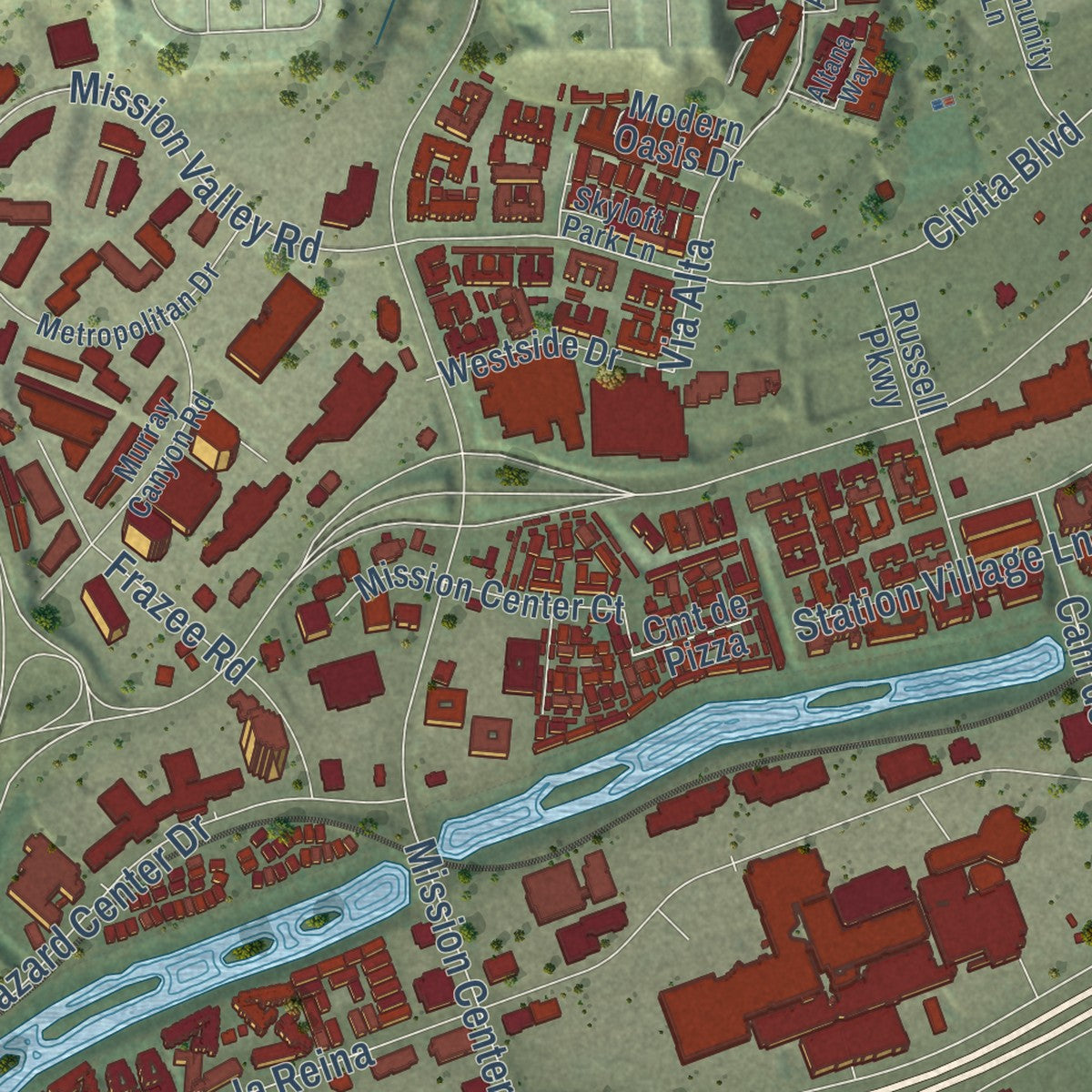 Close-up of the map of Mission Valley, California print showing street and building detail