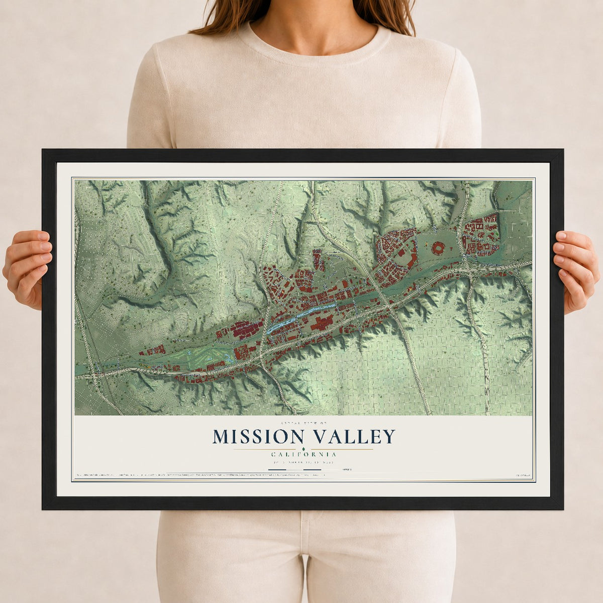 Map of Mission Valley, California, 12 x 18 inch print in a black wood frame