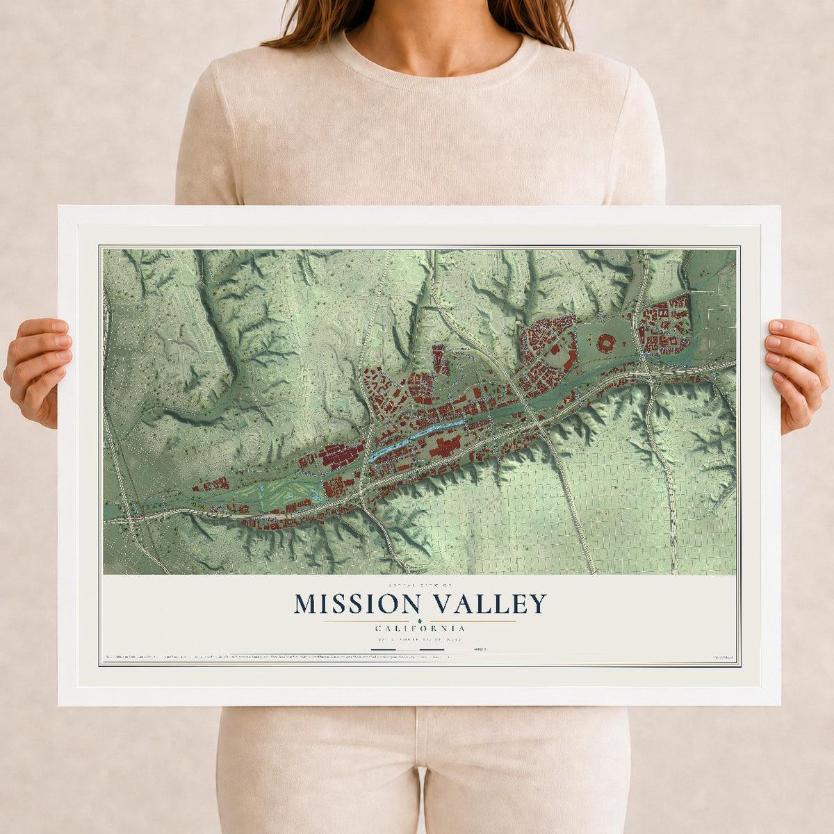 Map of Mission Valley, California, 12 x 18 inch print in a white wood frame