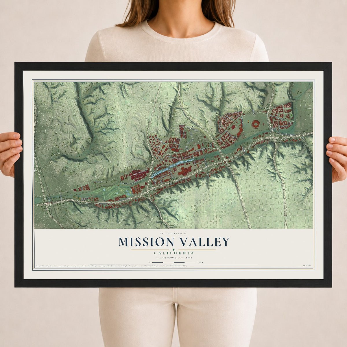 Map of Mission Valley, California, 18 x 24 inch print in a black wood frame