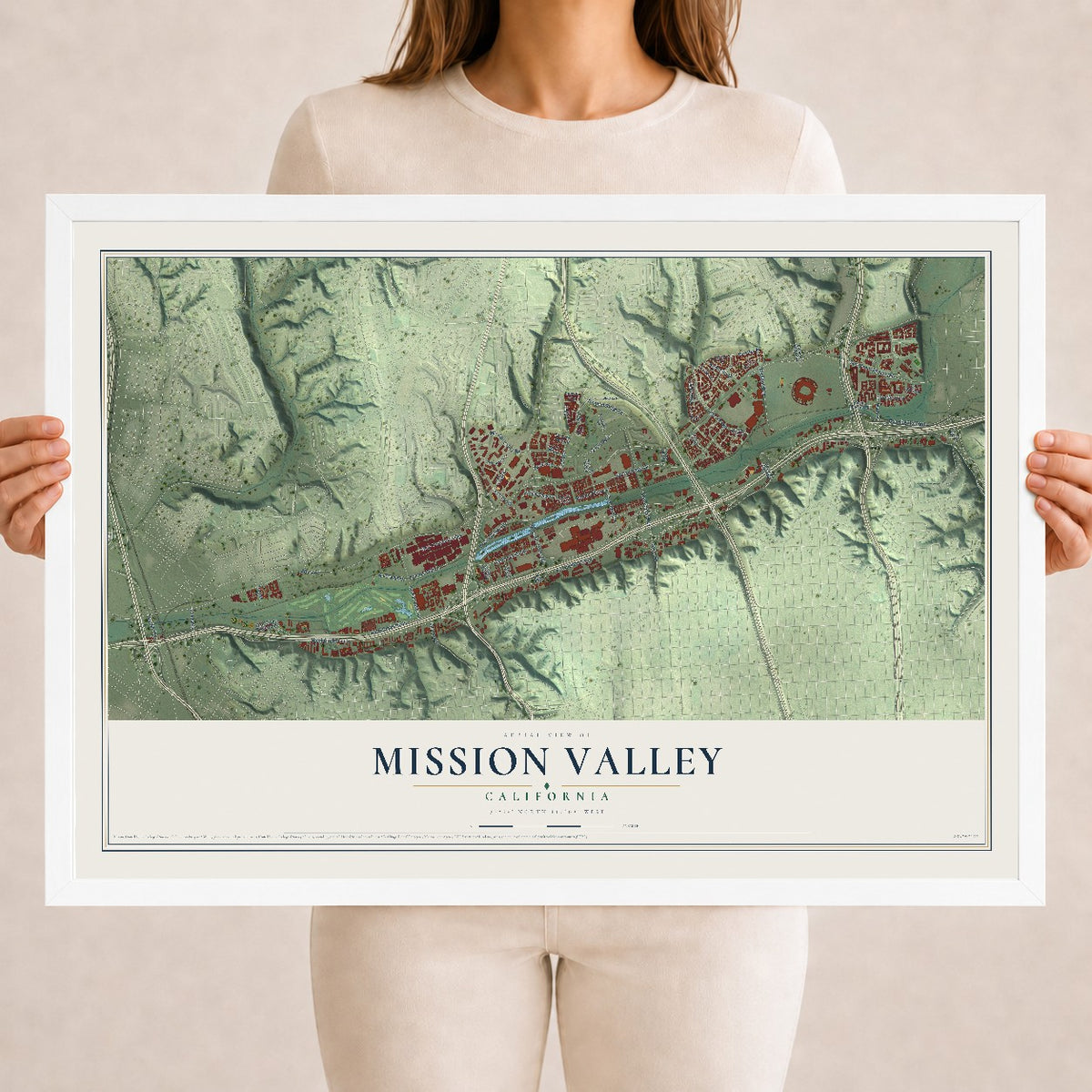 Map of Mission Valley, California, 18 x 24 inch print in a white wood frame