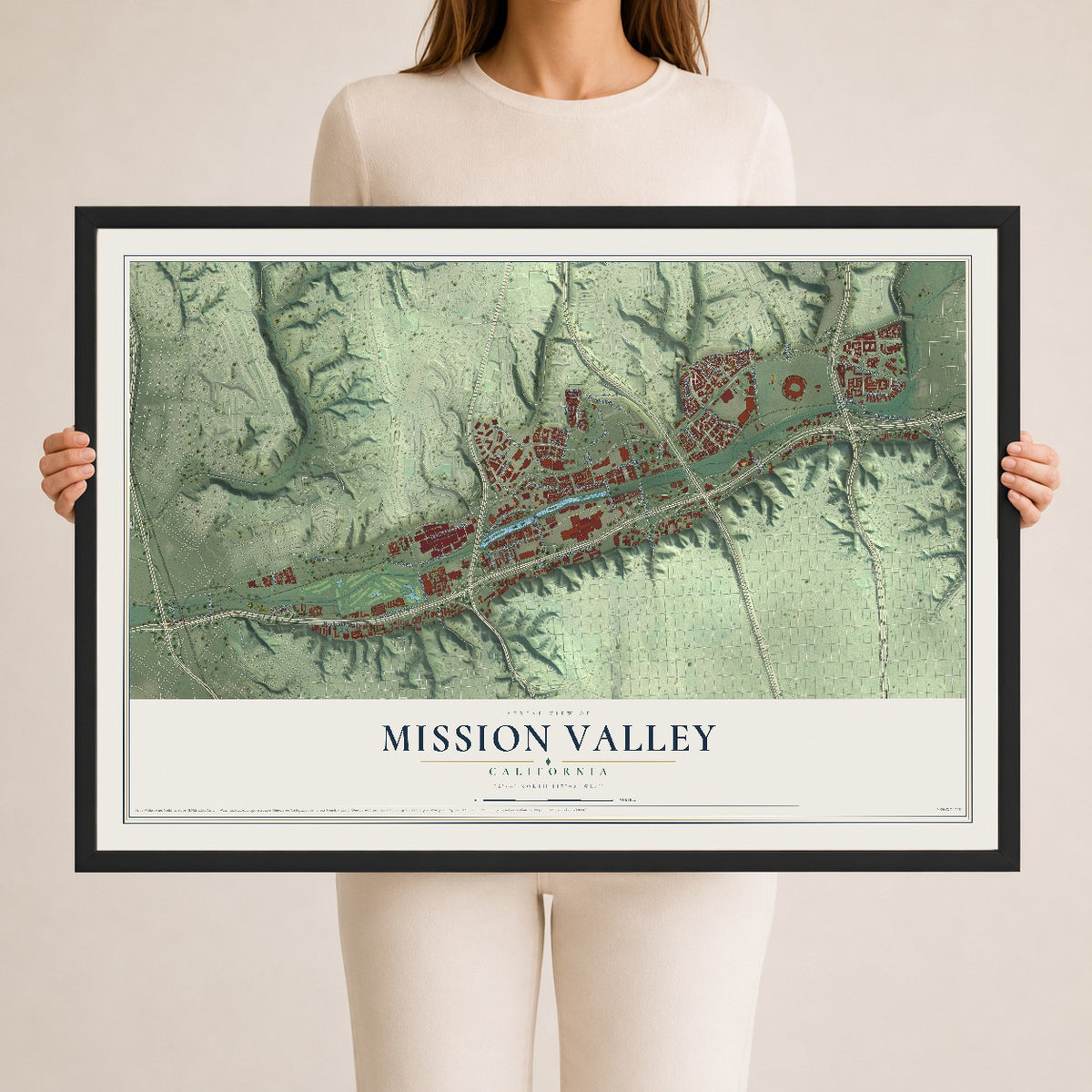 Map of Mission Valley, California, 24 x 36 inch print in a black wood frame