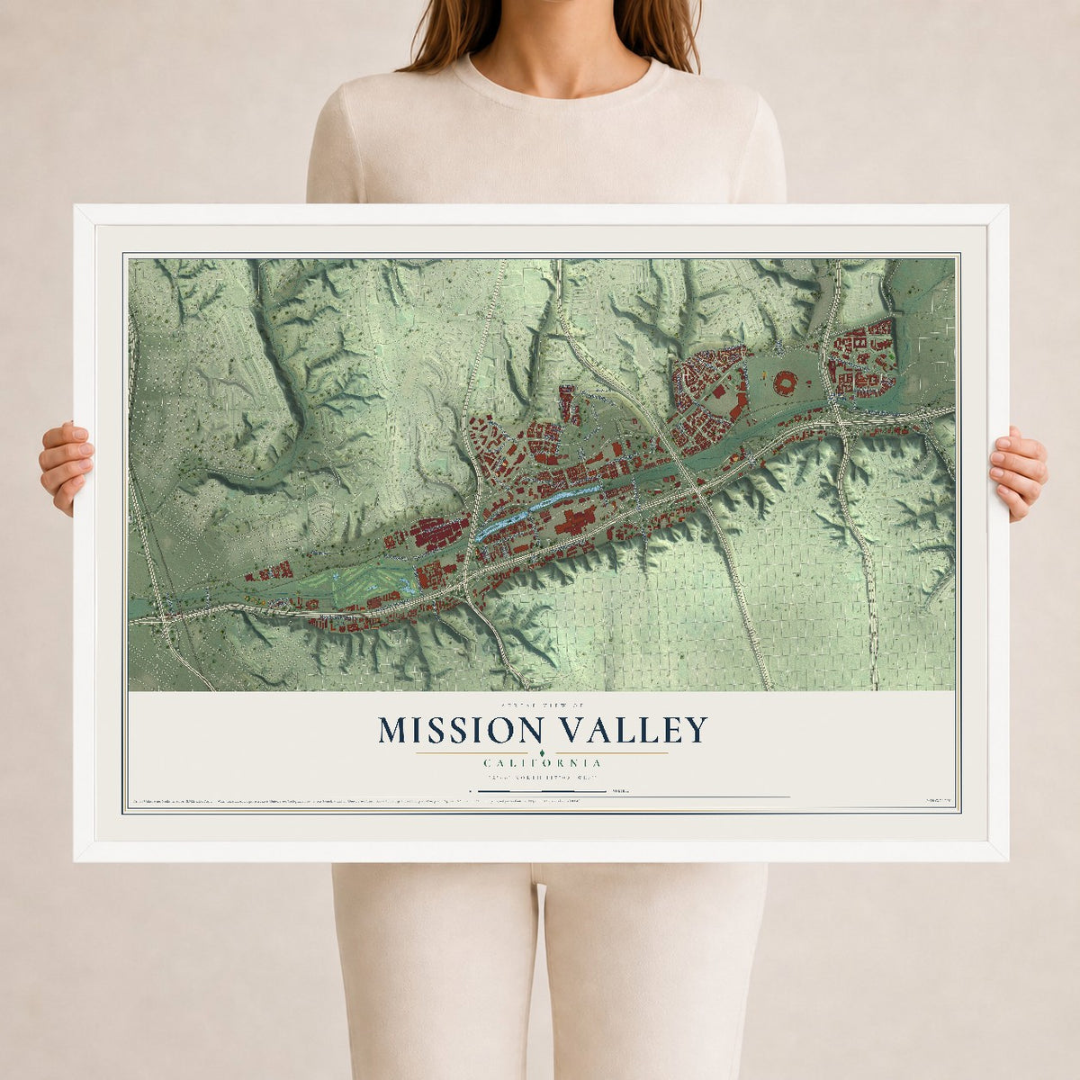 Map of Mission Valley, California, 24 x 36 inch print in a white wood frame