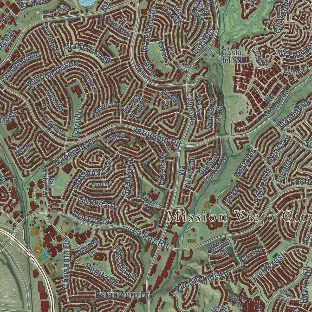 Close-up of the map of Mission Viejo, California print showing street and building detail