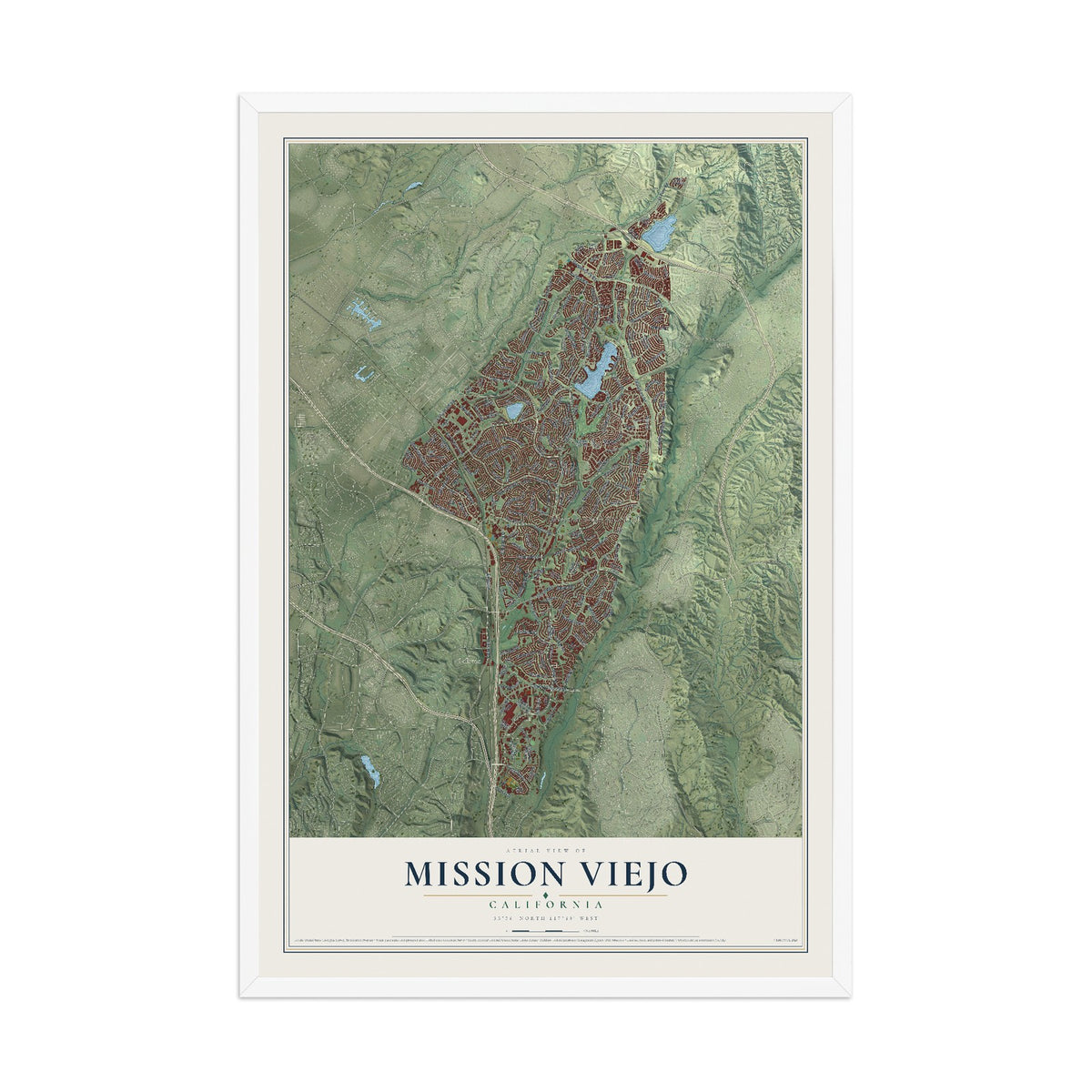 Map of Mission Viejo, California, 12 x 18 inch print in a white wood frame