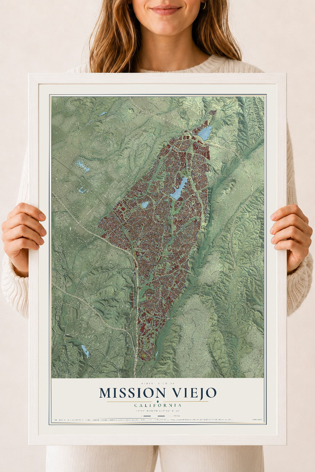 Map of Mission Viejo, California, 18 x 24 inch print in a white wood frame