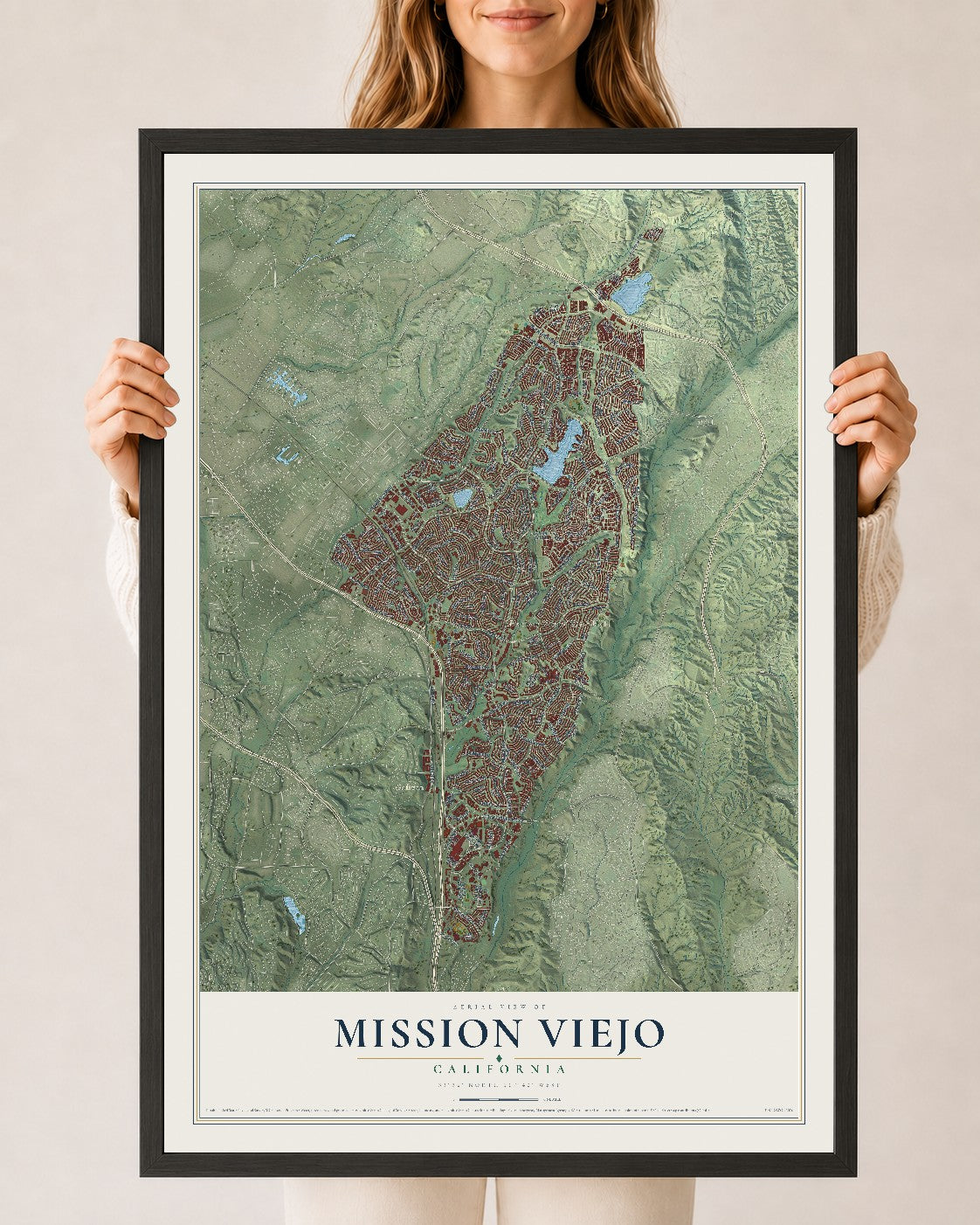 Map of Mission Viejo, California, 24 x 36 inch print in a black wood frame