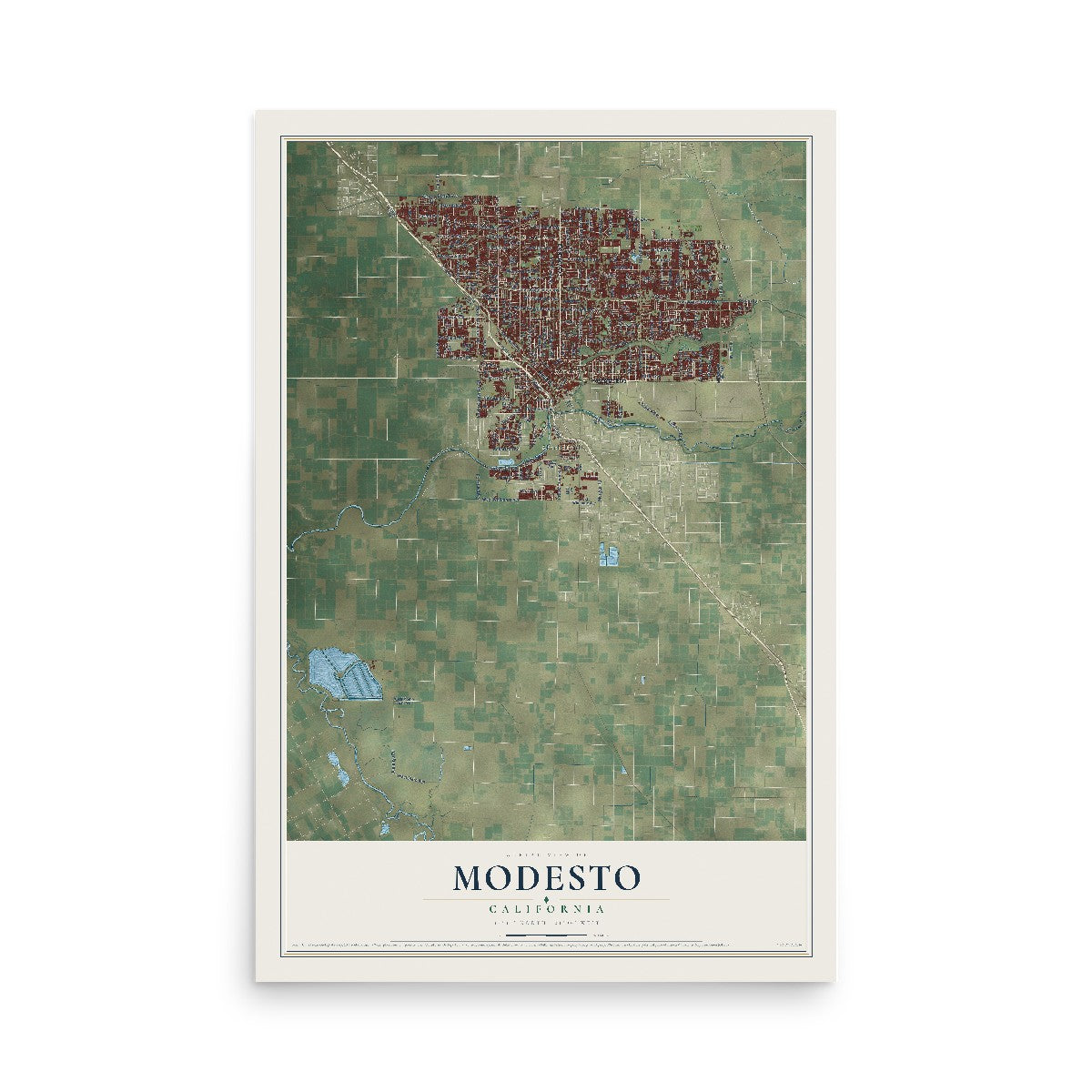 Map of Modesto, California, 12 x 18 inch unframed archival matte print