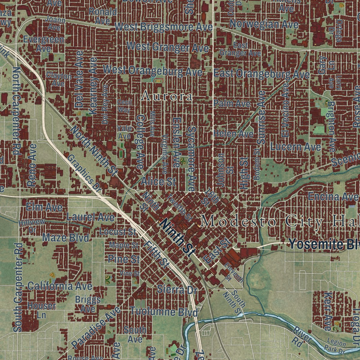 Close-up of the map of Modesto, California print showing street and building detail