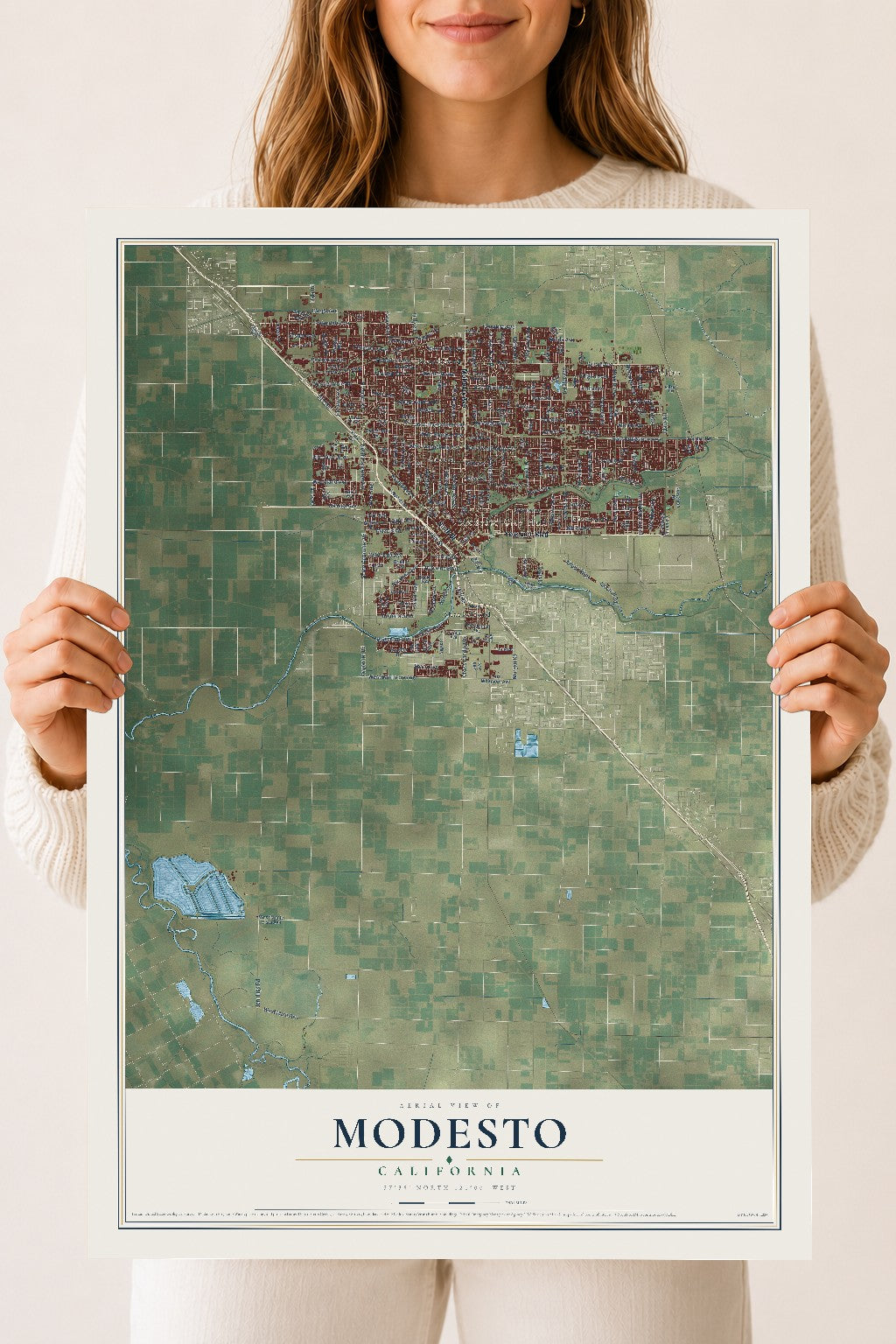 Map of Modesto, California, 18 x 24 inch unframed archival matte print