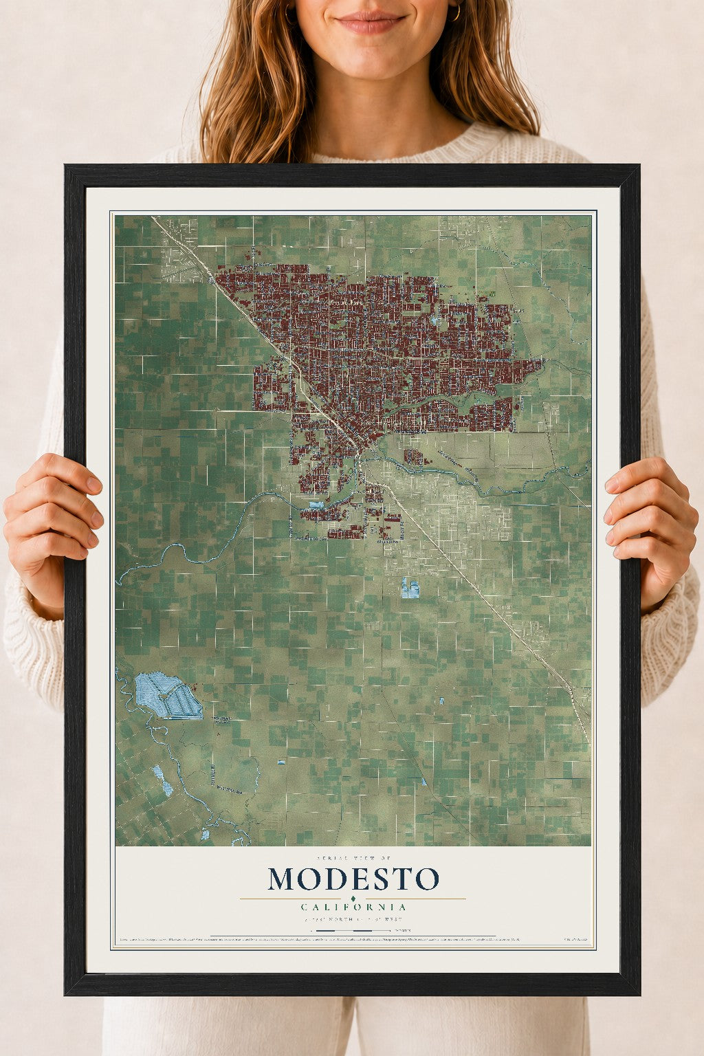 Map of Modesto, California, 18 x 24 inch print in a black wood frame