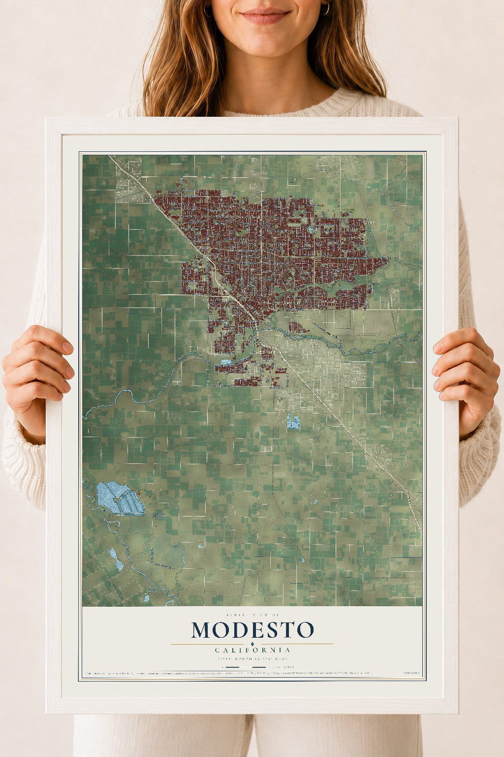 Map of Modesto, California, 18 x 24 inch print in a white wood frame