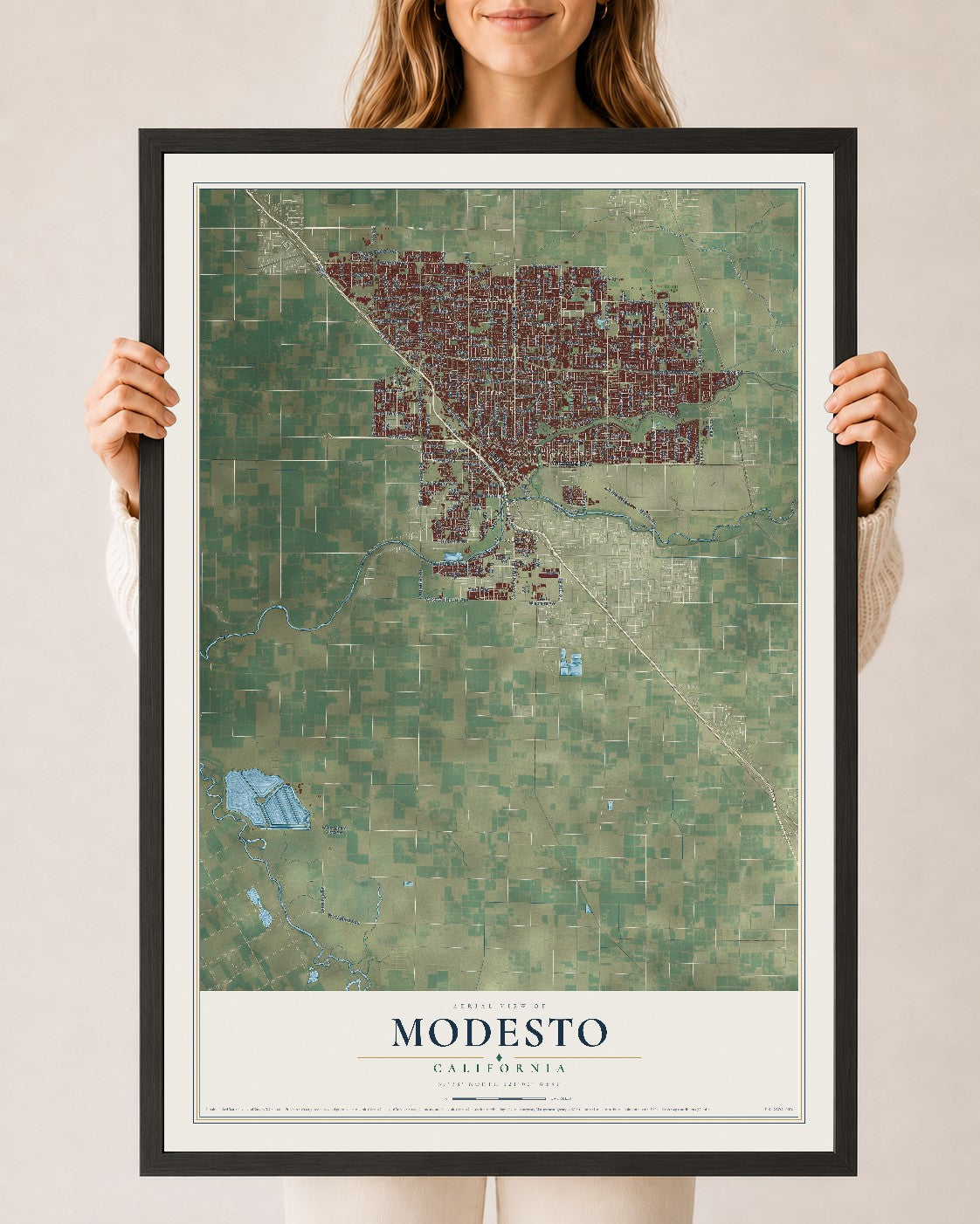Map of Modesto, California, 24 x 36 inch print in a black wood frame